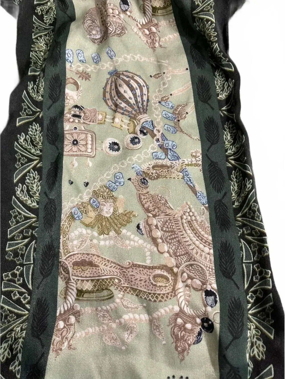 Elegant Silk Green and Beige/Gold Patterned Scarf with Intricate Border Design